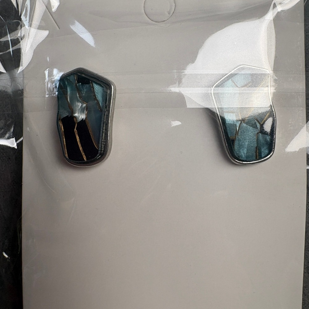 Teal Black Gold Kintsugi Style Mosaic Stud Earrings Silver Tone Geometric Post - Picture 3 of 7